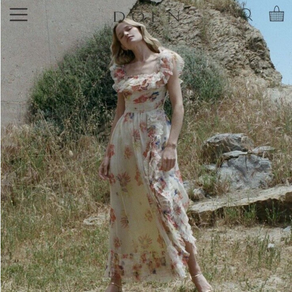 Doen Cream Floral Ruffled Maxi Dress M